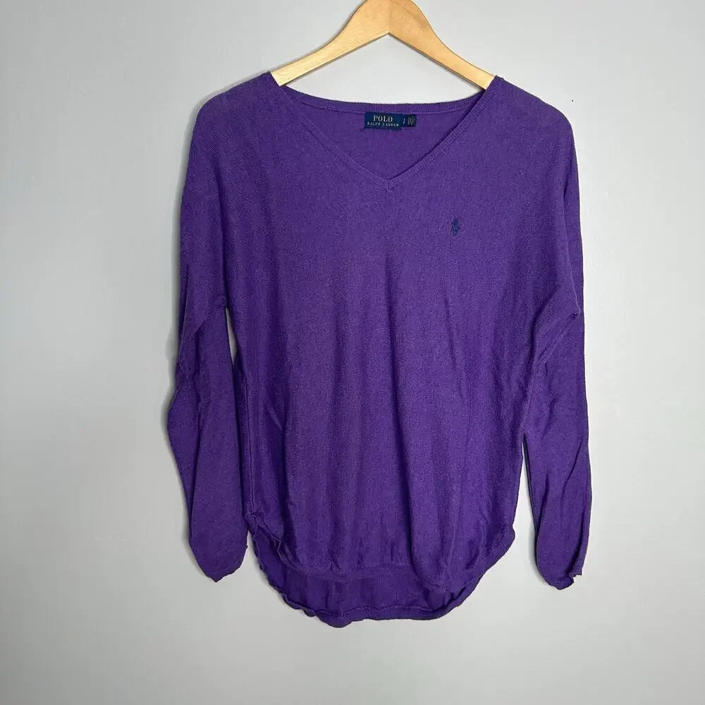 Polo Ralph Lauren V-Neck Sweater Women Small Purple EUC Cotton Blend Pony Logo